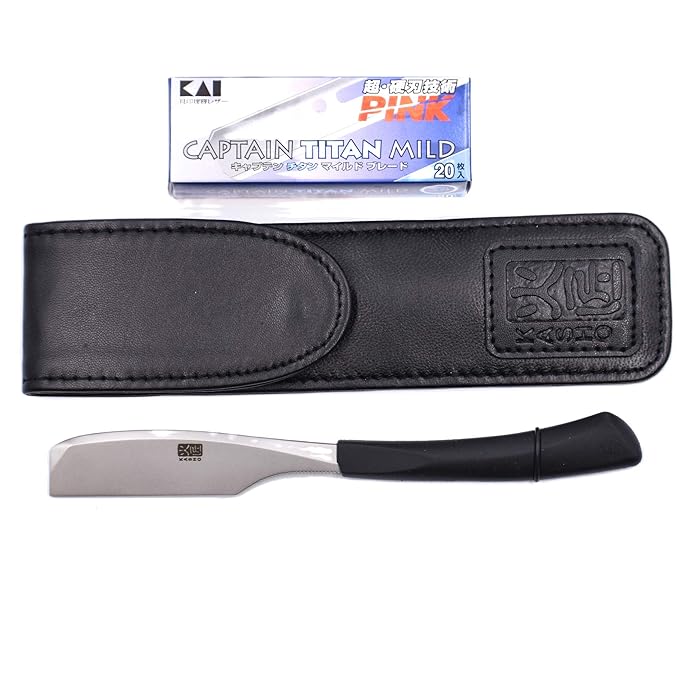 Kasho Captain Japanese Straight Edge Barbering Razor with Leather Case &amp 20 Kai Captain Blades -Compatible with Kai Captain and Feather Artist Club Razor Blades