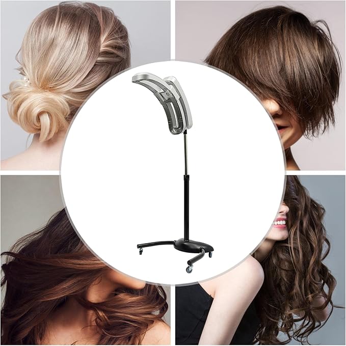 Professional Standing Hair Dryer 900-950W Salon Vertical Hairdressing Heater Intelligent Temp &amp Time Control 45°/90°/180° Adjustable Angle 360° Rotation Silver Vertical Hairdressing Heater