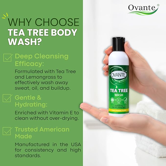 Tea Tree Oil Body Wash – Clarifying &amp Hydrating Shower Gel with Lemongrass &amp Vitamin E | For Itchy Oily Dry &amp Flaky-Looking Skin | Sulfate Free Daily Cleanser - 7 oz