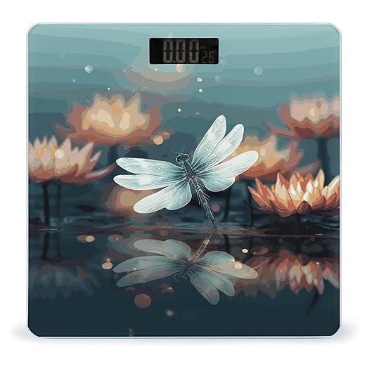 Dragonfly with Water Lily Bathroom Scale for Body Weight Bathroom Digital Electronic Weighing Scale with Back Lit LED Display Sturdy Tempered Glass Weight Watchers Scales 400lb