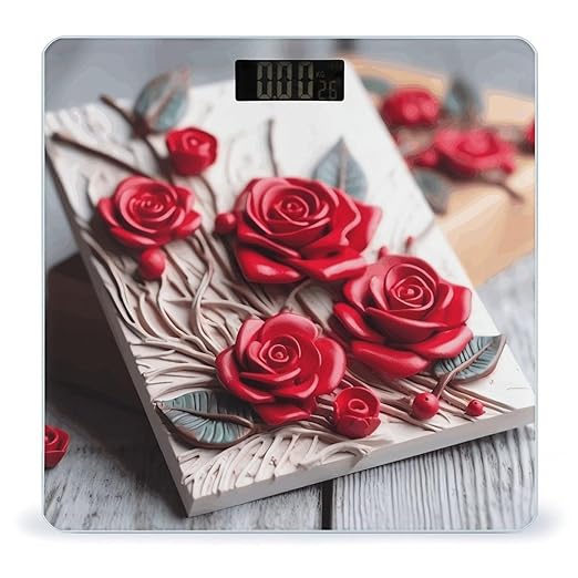 Roses on Wooden Board Digital Bathroom Scale for Body Weight with High Precision Digital Weighing Scale with BMI Clear LCD Display and Step-On Measures Weight Up to 180kg