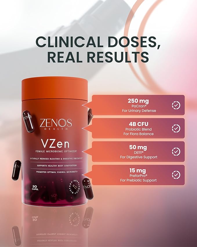 Zenos Health VZen Vaginal Probiotics for Women – Probiotics and Prebiotics for Digestive Health &amp Bloating Relief for Women – Improve Gut Health Urinary Tract &amp Daily Wellness - Made in USA