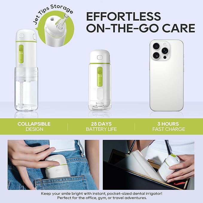 Water Flosser Portable for Travel - Mini Water Flosser with 3 Modes IPX7 Waterproof 360° Nozzles Cordless Water Dental Flosser for Teeth Cleaning Flossing for Adults Braces &amp Sensitive Gums