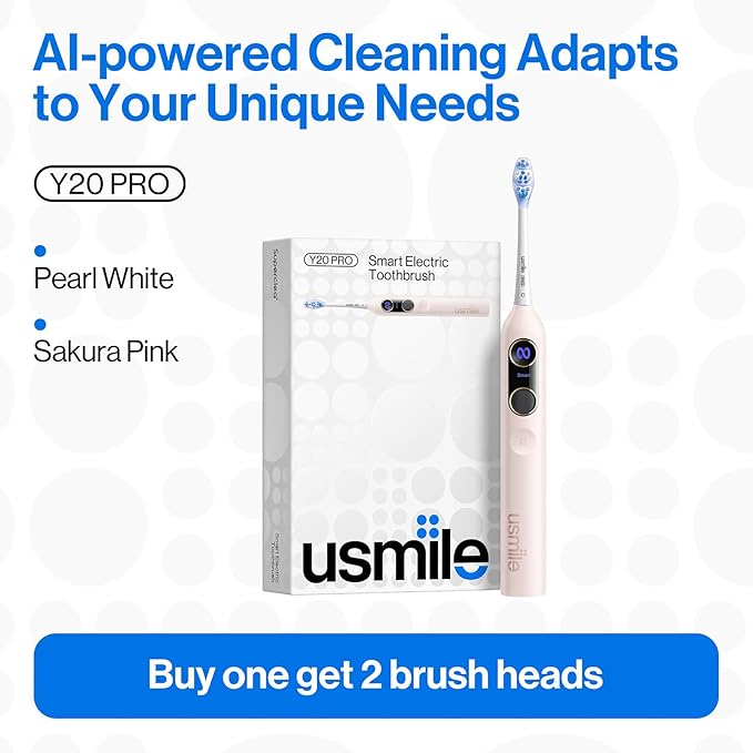 usmile Y20PRO Electric Toothbrush AI-Powered Smart Toothbrush with AM/PM Auto Mode 4 Brushing Modes 90-Day Battery App Control Real-Time 3D Map 2 Brush Heads Included(Sakura Pink)
