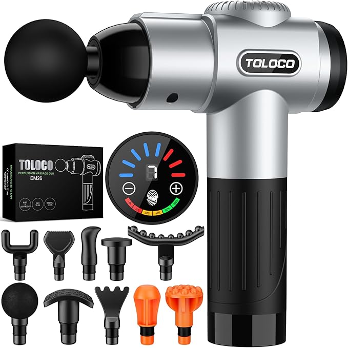 TOLOCO Massage Gun Muscle Massage Gun Deep Tissue for Athletes with 10 Massage Heads Electric Percussion Massager for Any Pain Relief Valentines Day Gifts for Him Her Silver