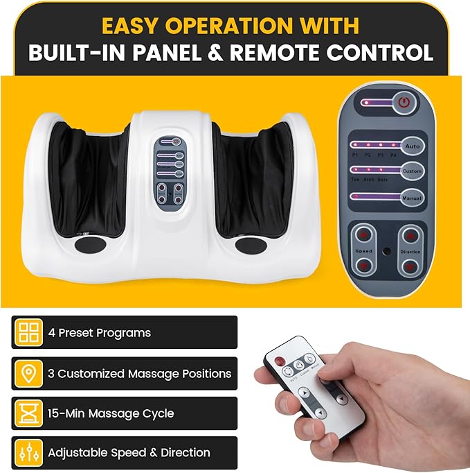 COSTWAY Foot Massager Electric Shiatsu Foot Massage Machine for Leg Calf Ankle Plantar Fasciitis Nerve Pain Therapy Deep Kneading Rolling Massage with Remote 4 Massage Modes White