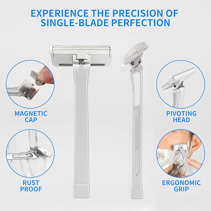 KAMPFE Upgraded Version Safety Razor Made of 6061 Aluminum Alloy Material Comfortable shavingGEM Single Sided Safetyshaver Shaver Handle for Men with Suction Cup Holder and Safety Razor Blades