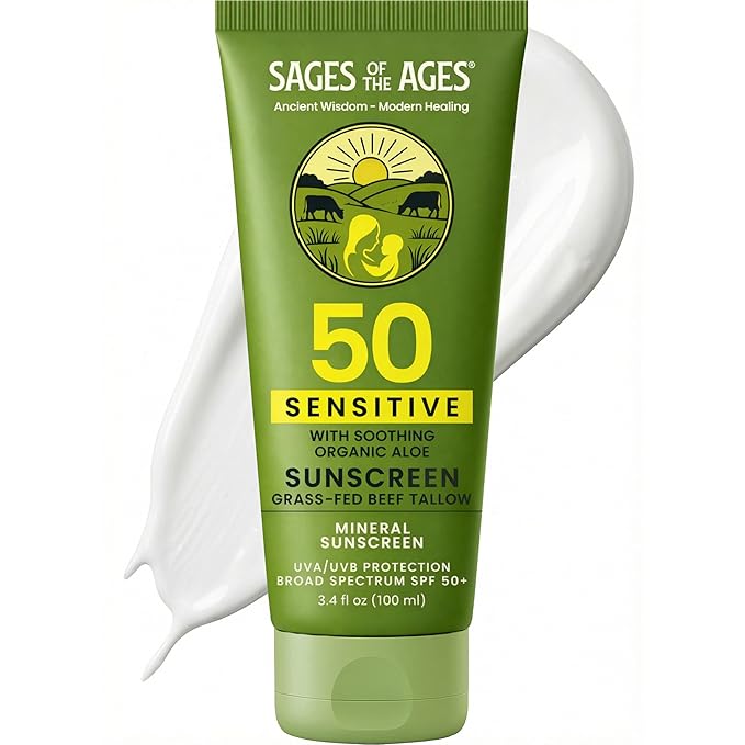 Organic Tallow Mineral Sunscreen SPF 50 with Non-Nano Zinc Oxide — Reef Safe UVA/UVB Broad Spectrum Sunblock Water Resistant 80 Min Moisturizing Lotion for Face &amp Body 3.4 fl oz