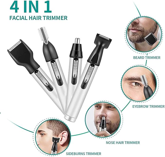 Ear Nose Hair Trimmer for Men Women 4 in 1 Electric Facial Hair Trimmer Professional Waterproof for Nose Ear Eyebrow Beard USB Rechargeable (Silver)