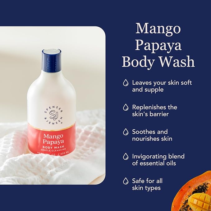 Spenser &amp Jensen Daily Moisturizing Body Wash with Hydrating Mango &amp Papaya - Gentle &amp Cleansing Body Soap - Sulfate &amp Paraben Free - 18 Oz (Pack of 2)
