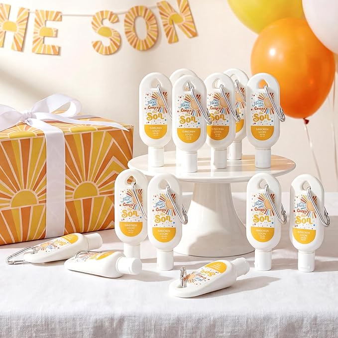 Leelosp 30 Pcs Here Comes The Son Baby Shower Mini Sunscreen with Carabiner Bulk Travel Size 1 Fl. Oz. SPF 30 Water Resistant Mini Lotion Boho Retro Baby Boy Shower Favors Birthday Party Supplies