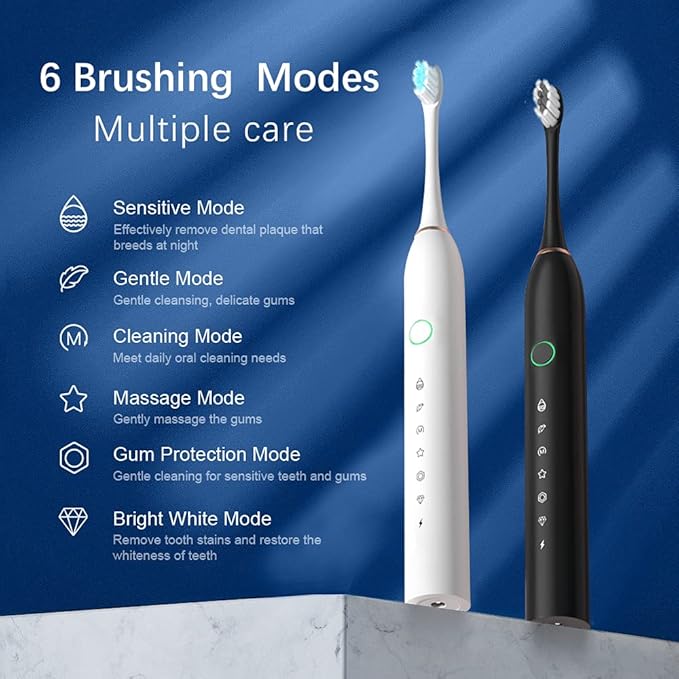 SENWEN 2 Pack Rechargeable Electric Toothbrush with 8 Brush Heads 6 Cleaning Modes Waterproof 2 Minute Timer Black&ampWhite