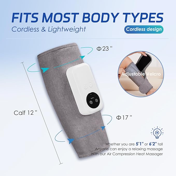 Air Compression Leg Massager Cordless Calf Massager with Heat Air Compression Leg Massage for Circulation and Pain Relief Gifts for Dad Mom Men Women Gray (Single)