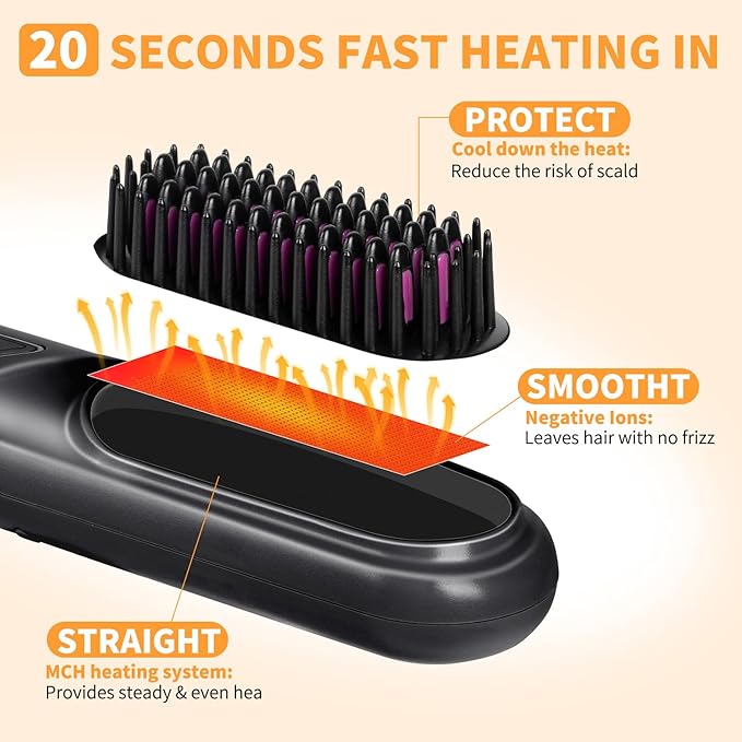 Go Brush Pro 3-in-1 Cordless Negative Ion Hair Straightener &amp Curle &amp Comb 4 Temps Intelligent Control Fast Heating MCH Ceramic Coating Anti-scalding Comb Teeth Smoothes Frizz