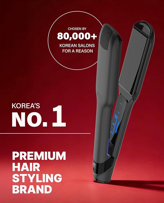 GLAMPALM GlamMuse Wide 1.5 | All-Ceramic Flat Iron Infused with Vita-C Salon Results with Less Heat Damage Trusted by K-Pop Hair Stylists Hair Straightener for Thick Hair Silk Press | GP501T