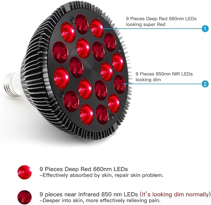 Red Light Therapy Bulb with Lamp Holder 54W 18 LEDs Infrared Light Therapy Device 660nm Red &amp 850nm NIR Combo Red Light Device for Face Skin Health and Pain Relief