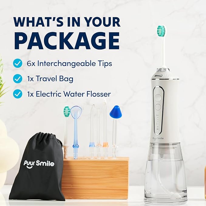 Professional Water Flosser - Advanced Dental Care for a Healthier Mouth Gum and Teeth - IPX7 Waterproof Oral Irrigator | 7 Replacement Tips Travel-Friendly Rechargeable - Oral Hygiene (White)