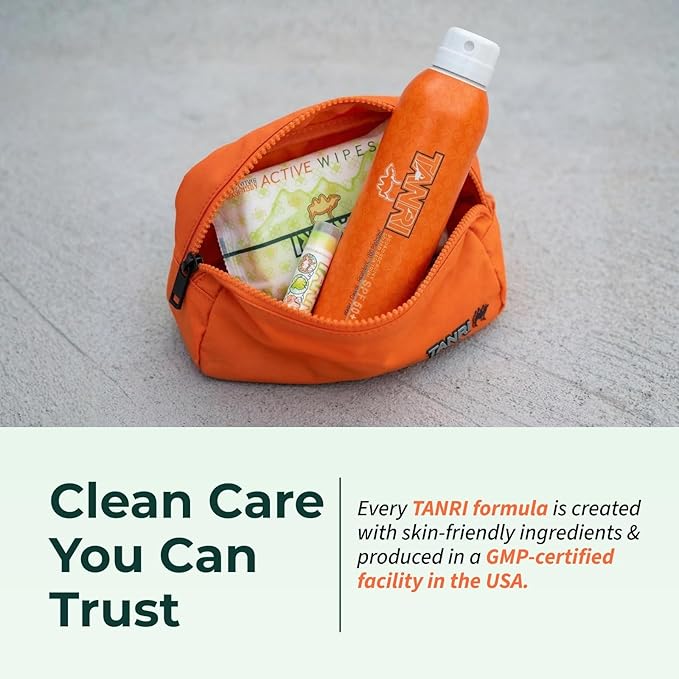 TANRI Primo Explorer Pack Includes SPF50+ Sunscreen Spray that Goes on Clear Active Wipes No-Rinse Body Wipes Moisturizing SPF15 Pear Lip Balm and an Adjustable Fanny Pack (4-Pack Bundle)