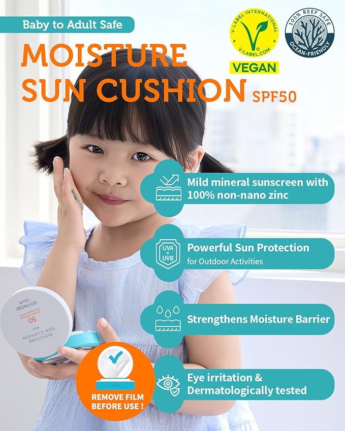 GOONGBE Moisture Sun Cushion Mild SPF 50 - Korean Moisturizing &amp Soothing Zinc Oxide Mineral Sunscreen - Travel Friendly Sun Cushion for Babies &amp Kids - Vegan Reef-Safe Allergen-Free 0.81oz