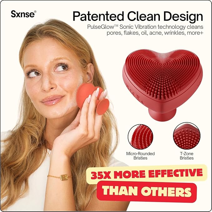 Heart Face Clean Pro⁺ - Electric Silicone Facial Scrubber for Acne with 7000+ Sonic Pulses - IPX7 Waterproof Rechargeable Exfoliator with Slip-Free Grip 3 Speed Settings &amp Phthalate-Free - Cherry