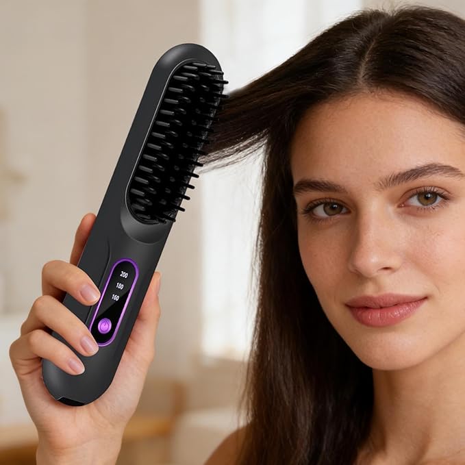 Hair Straightener Brush - Rechargeable 3-Temp Ceramic Styler - Portable Cordless Hair Straightening Brush - for Women Girls Long Short Styling Home Travel Party Daily Dating Wedding