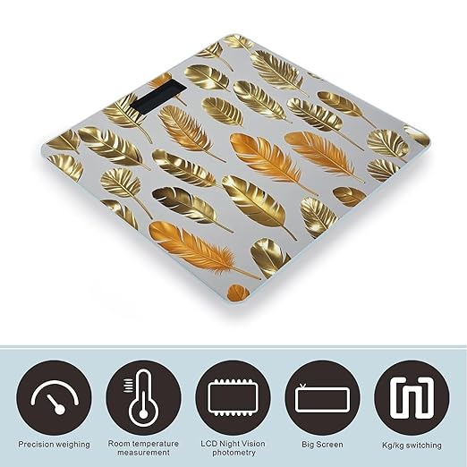 Gold and Orange Feathers Scale for Body Weight Highly Accurate Digital Bathroom Body Scale Digital Bathroom Scales for People Anti-Slip Large LCD Display Smart Scales