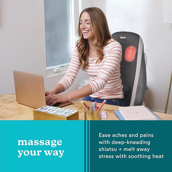 HoMedics Shiatsu Massage Cushion with Soothing Heat Deep-Kneading Massage Targets Pressure Points All Over Back Soothing Heat Relax Overworked Muscles Release Tension Reduce Back Pain
