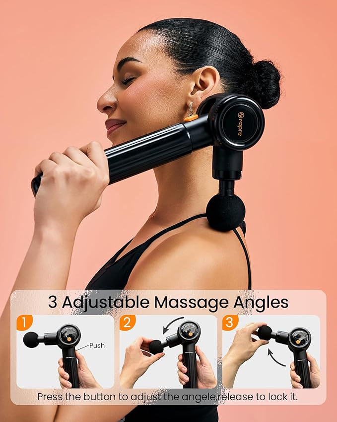 NAPRE Massage Gun with Extension Handle &amp 3 Adjustable AnglesDeep Tissue Back Massage for Neck/Shoulders/Waist/Legs/Body Pain ReliefHandheld Percussion Muscle Massager6 Heads &amp SilentBlack