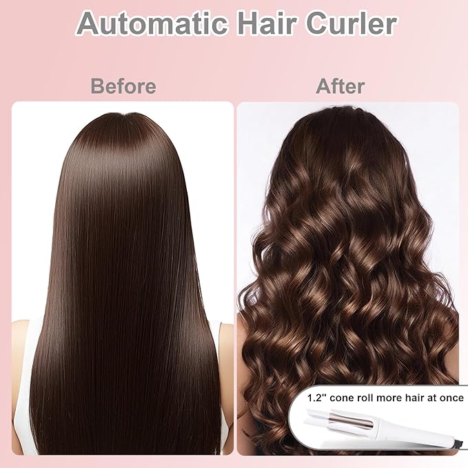 Automatic Curling Iron | Automatic Curling Iron Rotating | 1.25-inch Ceramic Curling Wand | Simple Safe Anti-scalding Long-Lasting 8-Second Timer | Lightweight and Portable Dual Voltage White