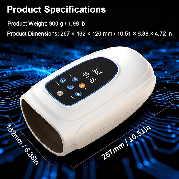 Hand and Wrist Massager with Heat Air Compression and Gentle Vibration 3 Modes 5 Intensities LCD Display Cordless Hand Relaxation Massager for Daily Relaxation (White)