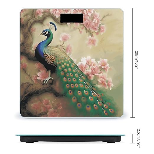 Oriental Peacock on Flower TreeScale for Body Weight with LCD High Precision Weighing Scales Fashion Sturdy Tempered Glass Weight Scales Easy-to-Read Digital Bathroom Scale for Daily 400lb