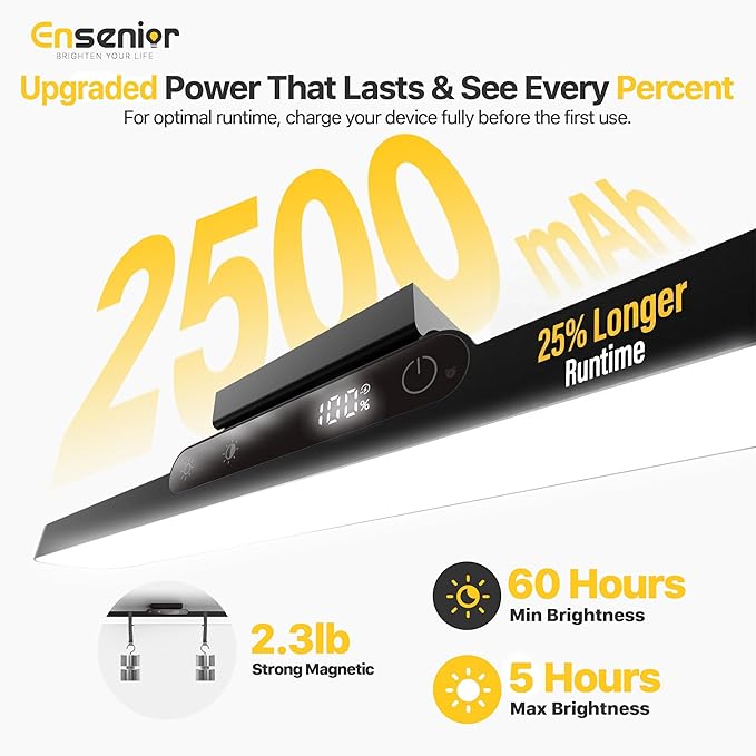 Upgraded Under Cabinet Lights Wireless 2500mAh Rechargeable Battery Operated Lights with Digital Display 130° Rotatable Magnetic Light Bar Remote Control Dimmable Stick On Light for Mirror School