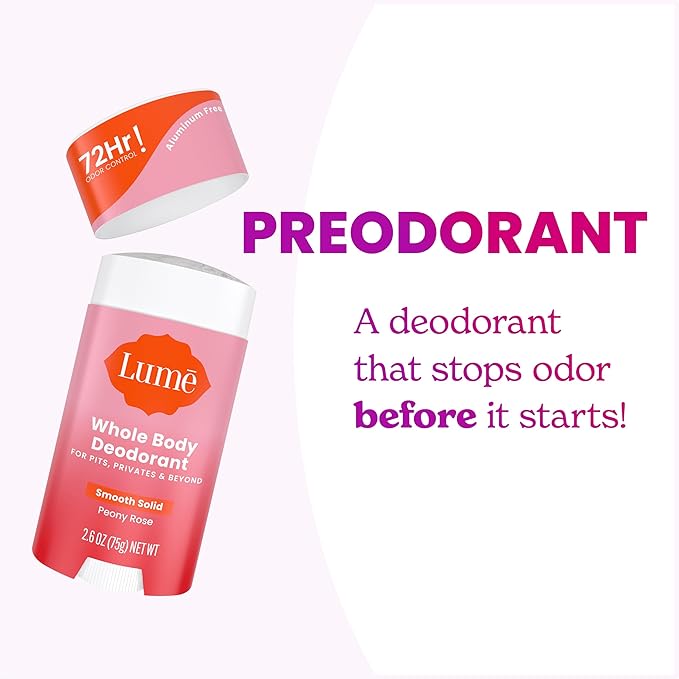 Lume Skin Care Gift Set for Women Whole Body Deodorant Starter Pack - Smooth Solid Stick Invisible Cream Tube Acidified Body Wash Mini &amp Deodorant Wipes - Aluminum Free Odor Control (Peony Rose