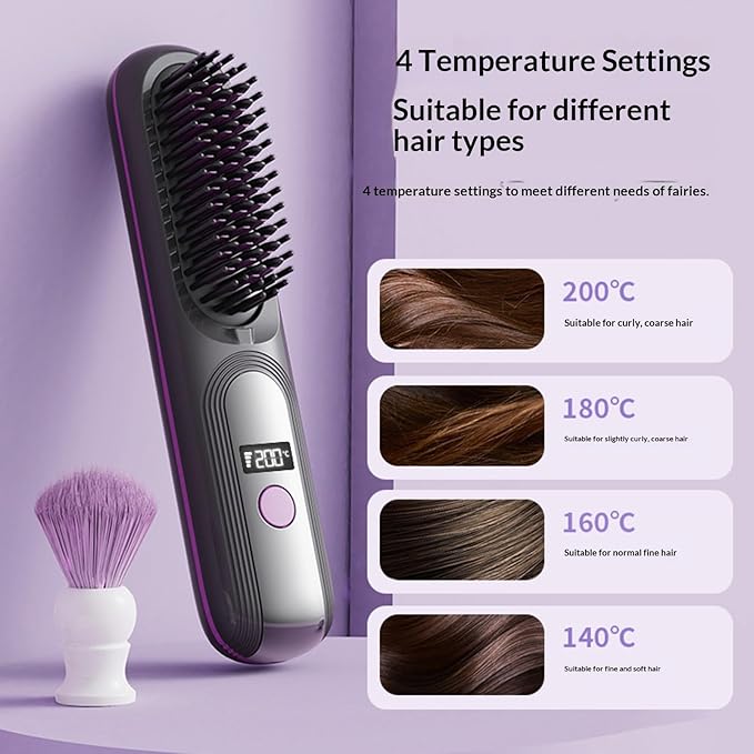 Hair Straightener Brush Portable Cordless Hair Straightener Brush with 4 Temperature Settings &amp LED Display (03)
