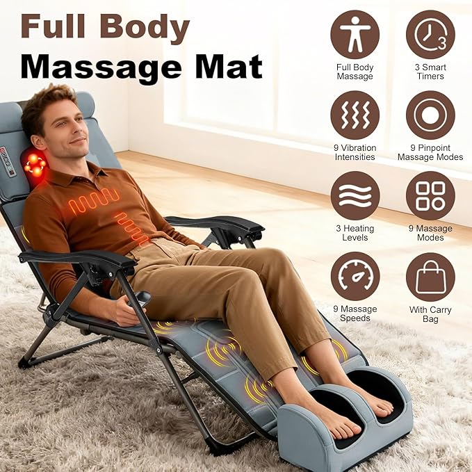 KOCASO Flannel Full Body Massage Mat Multifunctional Massage Chair Pad with Heat Timer Shiatsu Neck Foot Massager Lumbar Pillow Carry Bag Earplugs Anti-Slip Bottom for Reclining Chair