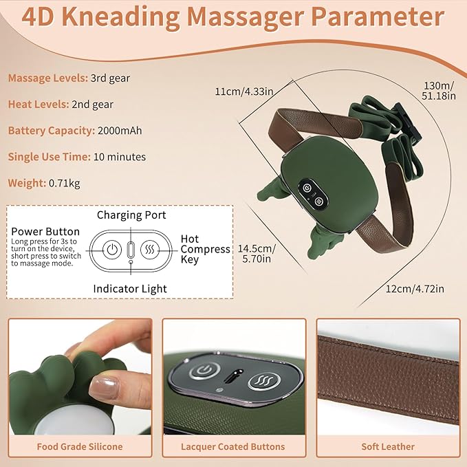 Neck Massager with HeatCordless Electric Shiatsu Neck and Back Massager 3 Speeds 2 Heat SettingsPortable Heated Neck Massager4D Kneading Neck and for Muscle Relax (Green)