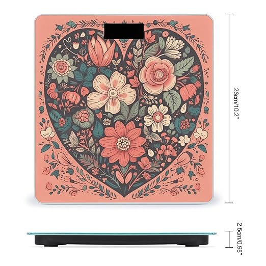 Heart with Flowers Scale for Body Weight Anti-Slip Tempered Glass Digital Bathroom Scales Clear LCD Display Weighing Scale Safe Rounded Corners Smart Scales
