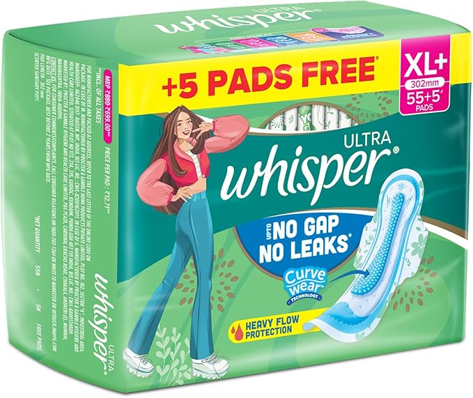 Whisper Ultra Clean Sanitary Pads for Women XL Plus Pack of 60 Napkins