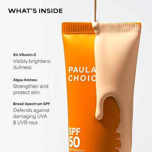 Paula's Choice 5% Vitamin C Sheer Sunscreen for Face SPF 50 Face Sunscreen Moisturizing Lightweight Invisible Prevents Dark Spots No Cast All Skin Types UVA/UVB Protection Fragrance-Free 2oz