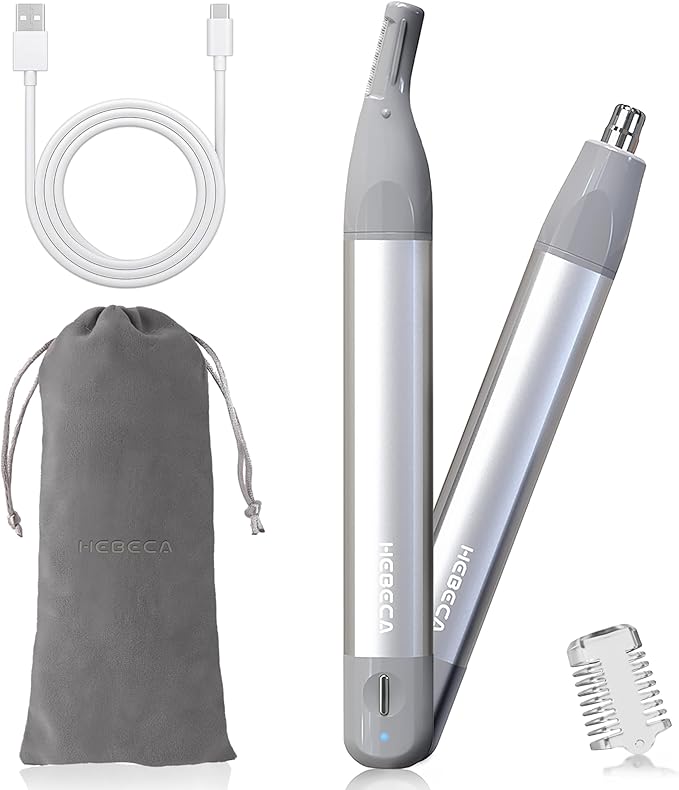 Nose Hair Trimmer for Men Women 2in1 Facial Hair Removal Trimmer - Metal Body Rechargeable Waterproof Portable - Nose Ear Eyebrow Peach-Fuzz Lips Chin (Silver)