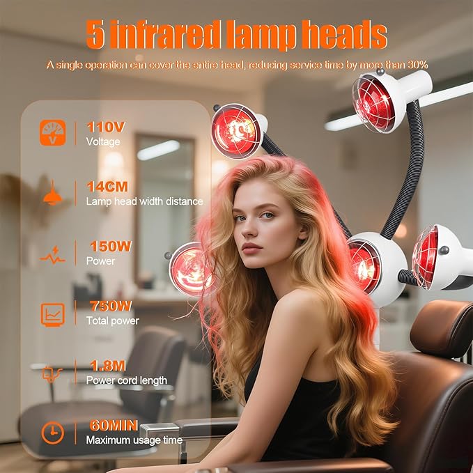 Hair Dryer with 5 Heat Lamps Adjustable Arm and Flexible Lamp for Efficient Hair Drying 750W Powerful Infrared Technology Perfect for Salon or Home Use for Perming &amp Styling Red