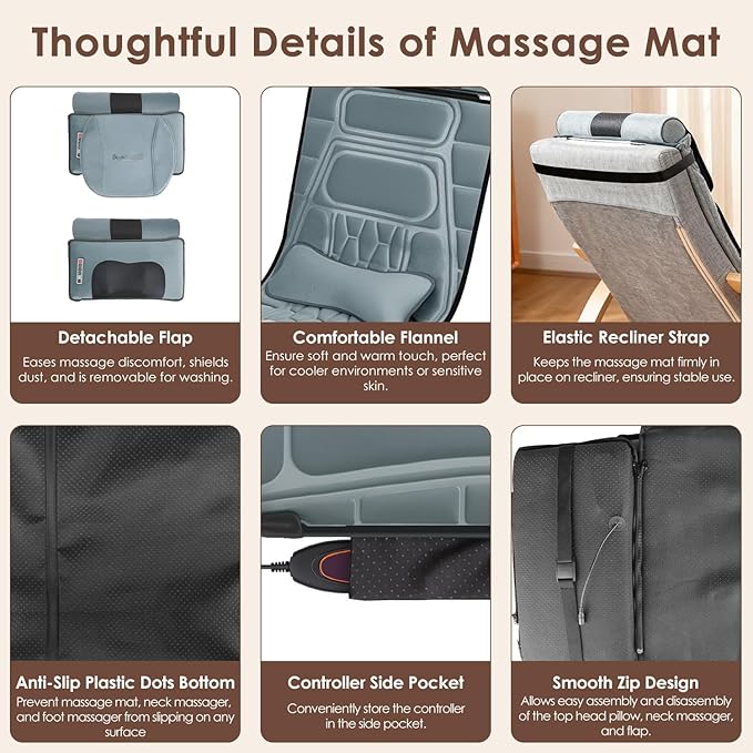 Full Body Massage Mat with Heat &amp Movable Shiatsu Neck Back Massager Pillow &amp Foot Massager Massage Mattress Pad with Top Pillow &amp Lumbar Support 12 Vibration Motors9 Massage Modes &amp