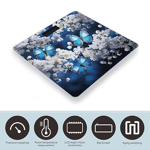 Blue Butterflies White Flowers Bathroom Scale for Body Weight Bathroom Weighing Scale with Backlit LCD Display Highly Accurate Measures Weight Up to 180kg