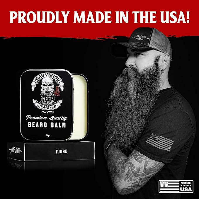 Mad Viking Fjord Beard Balm – Non-Greasy Balm to Soften &amp Style with a Medium Hold - Made with Shea Butter Beeswax &amp Premium Oils – Crisp Clean Citrus &amp Woodsy Scent Made in the USA - 2o