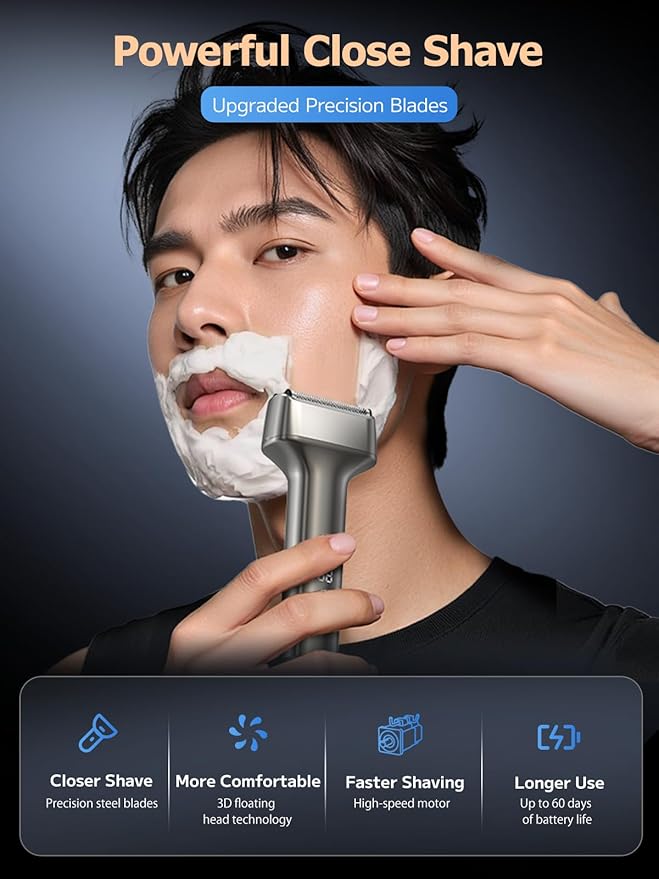 PLUZZ Electric Foil Shavers for Men Mini Electric Razor for Face &amp Beard Samll Shaver Portable Compact &amp Lightweight for Travel - IPX7 Waterproof Cordless Fast Charge 3 Blades Wet/Dry Use