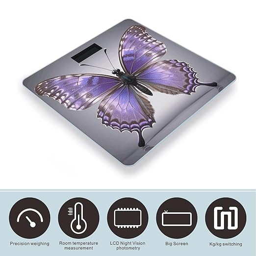 Purple Butterflies Scale for Body Weight Digital Bathroom Scale Toughened Glass High Precision Scales for Body Weight with Large LCD Backlight Display Weight Scales