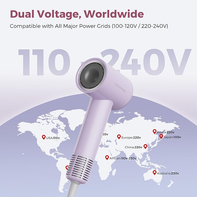 Dual Voltage Hair Dryer for Worldwide Travel High-Speed Blow Dryer for 5X Faster Drying 200M Negative Ions 0.69lb Portable Travel Hair Dryer for Salon Results at Home &amp Abroad S4AT (Purple)