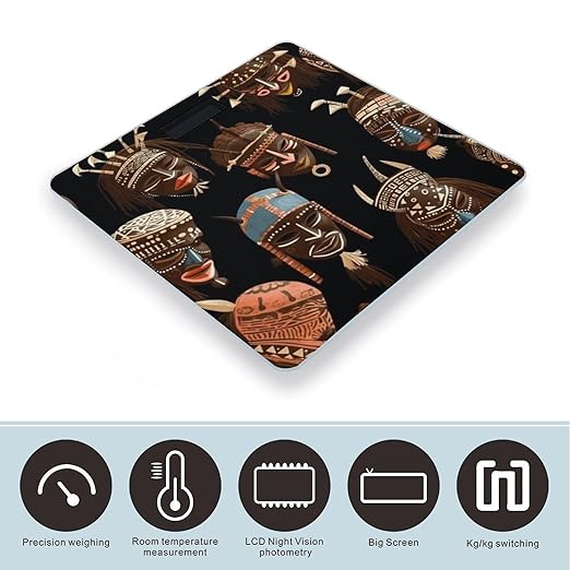 African Ritual Ethnic Tribal Scale for Body Weight High Precision Digital Weight Scales with LCD Display Anti-Slip Sturdy Slim Tempered Glass Bathroom Scale for Home Use