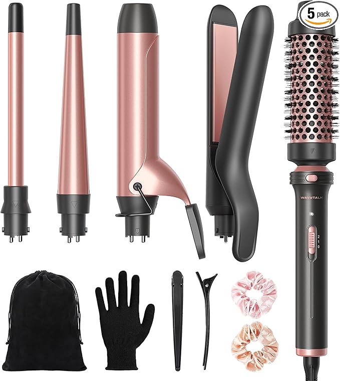 Wavytalk 5 in 1 Curling Iron Set with Thermal Brush and 4 Interchangeable Ceramic Curling Wands (0.5'-1.25') Instant Heat Up Hair Curling Iron Rose Gold