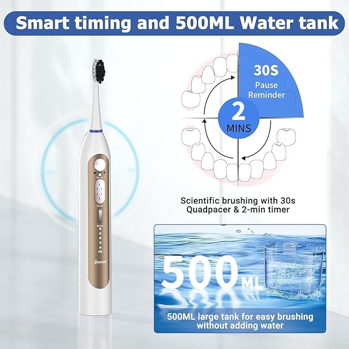 Electric Toothbrush with Water Flosser Upgraded 2.0 Electric Toothbrush for Adults 5 Floss Speeds &amp 3 Modes with 3 Brush + 1 Nozzle 500ML Tank IPX7 Waterproof for Braces &amp Gum Care - White